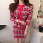 Long-sleeve Plaid Cardigan + Plaid Knit Skirt