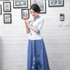 3/4-sleeve Mandarin Collar Top / Printed Maxi Skirt