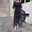 Elbow-sleeve Star Print A-line Chiffon Dress