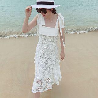 Shoulder-tie A-line Midi Crochet Lace Dress