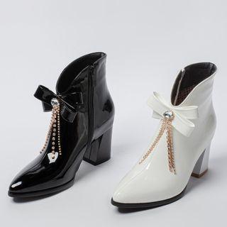 Rhinestone Bow Chunky Heel Ankle Boots