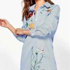 Floral Embroidered Long-sleeved Striped Blouse