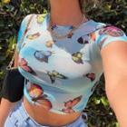 Butterfly Print Short-sleeve Mesh Cropped Top