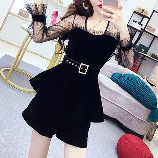 Set: Long-sleeve Mesh Panel Peplum Top + Shorts