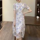 Mandarin Collar Floral Slit Midi A-line Dress