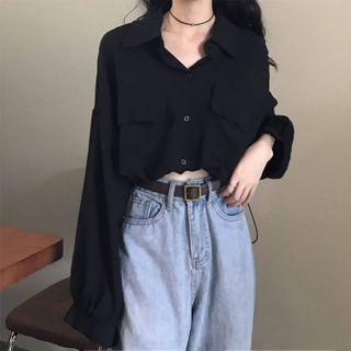 Drawstring Hem Long Sleeve Cropped Shirt