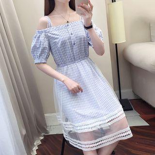 Cold-shoulder Midi A-line Plaid Dress