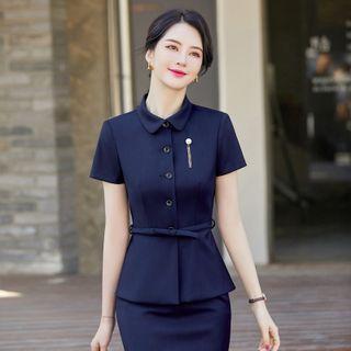 Short-sleeve Shirt / Mini Pencil Skirt / Dress Pants / Brooch / Set