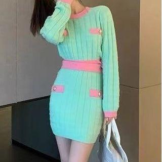 Set: Contrast Trim Sweater + Mini Skirt