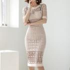 Short-sleeve Perforated Lace Midi Sheath Dress