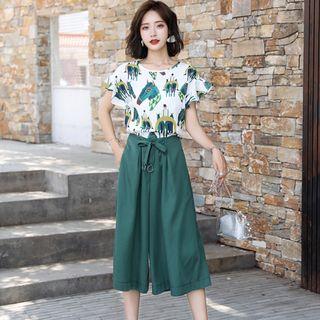 Set: Printed Ruffled Top + Wide-leg Pants