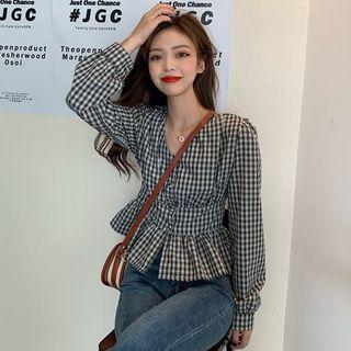 V-neck Checked Blouse Plaid - Black & White - One Size