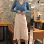 Set: V-neck Cardigan + Midi A-line Skirt