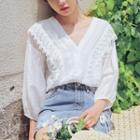 V-neck Lace Trim 3/4-sleeve Blouse