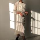 Ribbon Detail Long-sleeve Midi Sheath Dress