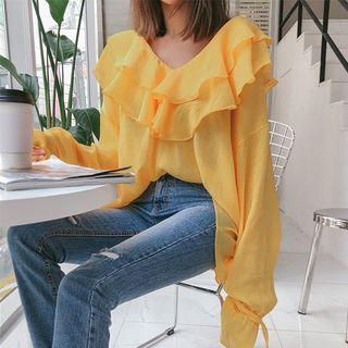 Ruffled V-neck Tie-cuff Sheer Blouse