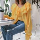 Ruffled V-neck Tie-cuff Sheer Blouse