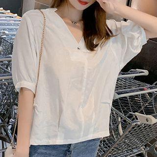 Elbow-sleeve Buttoned Chiffon Blouse
