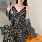 Long-sleeve Denim Shirt / Floral Print Sleeveless Dress