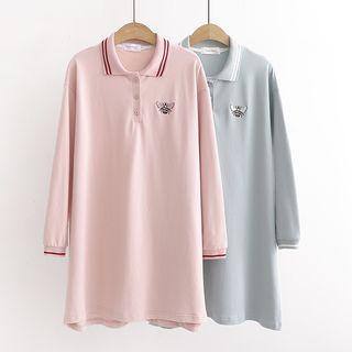Bee Embroidered Long-sleeve Polo Dress