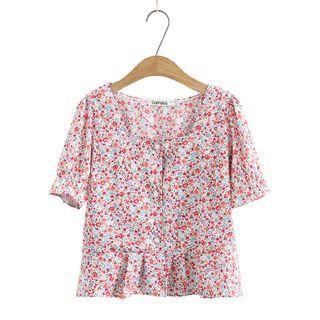 Plus Size Floral Print Square Neck Blouse