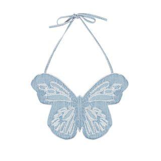 Butterfly Denim Cropped Halter Top Blue - One Size