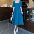 Short-sleeve Square Neck Cutout A-line Midi Dress
