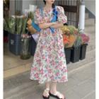 Puff-sleeve Floral Midi A-line Dress Pink - One Size