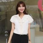 Flutter-sleeve Lace-trim Ruffle Blouse