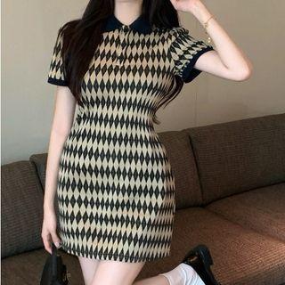 Short-sleeve Argyle Polo Mini Sheath Dress