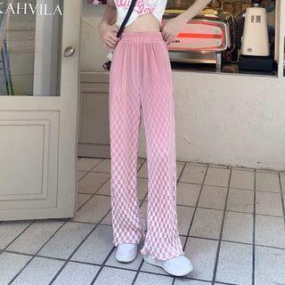 Elastic-waist Plaid Straight-leg Pants