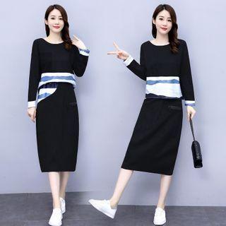 Set: Elbow-sleeve Color Block Top + A-line Midi Skirt