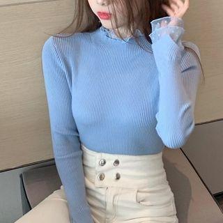 Bell-sleeve Mesh Trim Mock-neck Knit Top