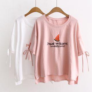 Short-sleeve Tie-strap Watermelon Embroidered T-shirt