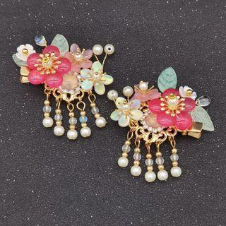 Retro Faux Pearl Flower Hair Clip 1 Pair - I05 - Red - One Size