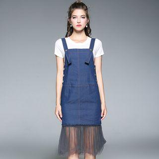 Plain Short Sleeve T-shirt + Mesh Hem Dungaree Dress
