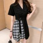 Short-sleeve Plaid Panel Mini A-line Blazer Dress