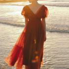 Puff-sleeve Tiered Mesh Midi A-line Dress