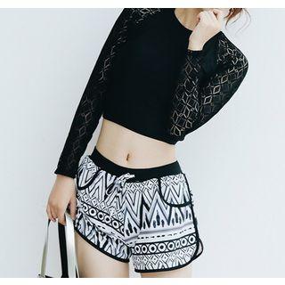 Set: Lace Panel Long Sleeve Rashguard + Patterned Bikini Bottom + Swim Shorts