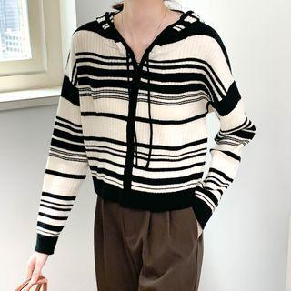 Two Tone Striped Zip Hooded Jacket Stripe - Black - One Size
