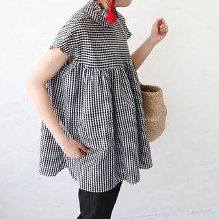 Short-sleeve Gingham Top Gingham - Black & White - One Size