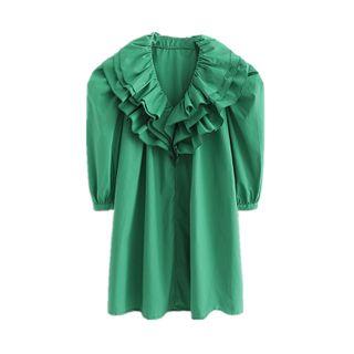 Ruffle Collar Puff-sleeve Dress