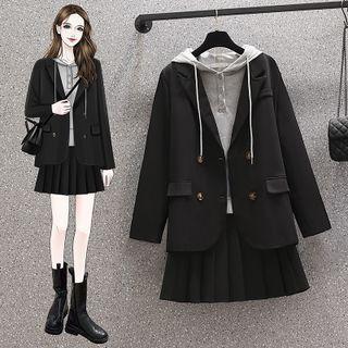 Double-breasted Plain Blazer / Henley Hoodie / Mini Pleated Skirt