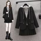 Double-breasted Plain Blazer / Henley Hoodie / Mini Pleated Skirt