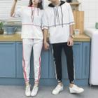 Couple Matching Set: Hooded Elbow-sleeve T-shirt + Striped Jogger Pants