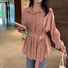Plain Long-sleeve Loose-fit Blouse Pink - One Size