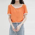 Short-sleeve Lace Trim Knit Top Tangerine - One Size