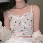 Lace Trim Cherry Embroidered Cropped Camisole Top White - One Size