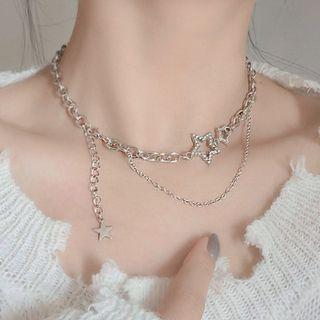 Layered Rhinestone Star Chain Choker Silver - One Size