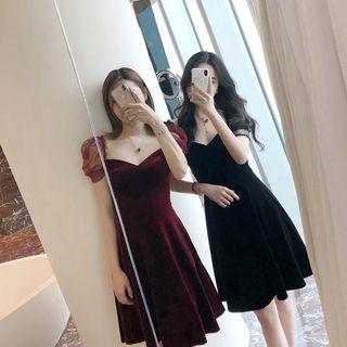 Short-sleeve Sheer Panel Velvet A-line Mini Dress